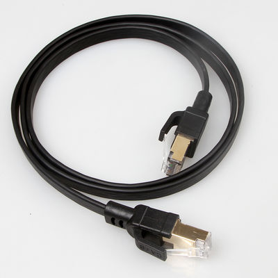 সোনার ধাতুপট্টাবৃত RJ45 সংযোগকারী সহ কালো ঢালযুক্ত Cat8 ফ্ল্যাট ইথারনেট কেবল