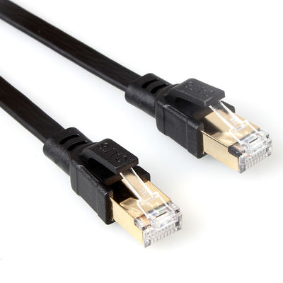 সোনার ধাতুপট্টাবৃত RJ45 সংযোগকারী সহ কালো ঢালযুক্ত Cat8 ফ্ল্যাট ইথারনেট কেবল